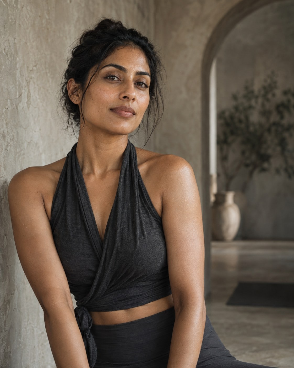 Portrait of Anjali Rao, founder and lead instructor at Elite Fitness, seated against a plaster wall.